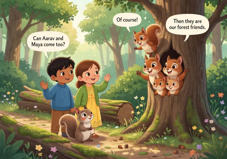 Illustration for Aarav, Maya, and the Lost Squirrel scene 3